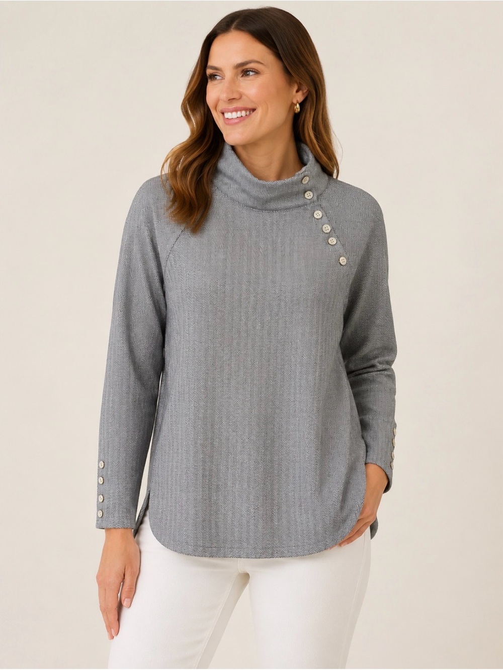 J. McLaughlin Gray Herringbone Mock Neck Button Accent Tunic Top Size M